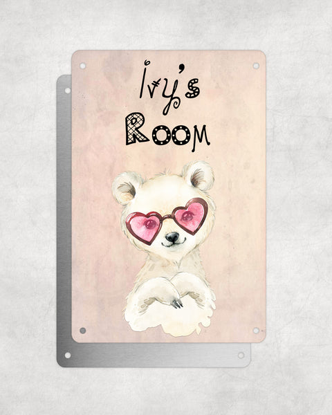 Cute Animal Personalised Name Plaque – Baby Polar Bear With Heart Sunglasses | Vintage-Style Aluminium Sign for Kids’ Room