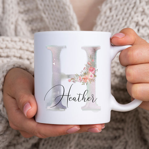 Watercolour Floral Initial With Name, Whimsical Boho Style, Cute Birthday Gift for Her, Personalised Mug