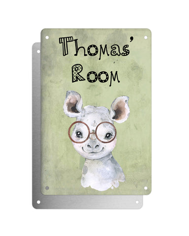 Cute Animal Personalised Name Plaque – Baby Rhino With Brown Glasses | Vintage-Style Green Aluminium Sign for Kids’ Room