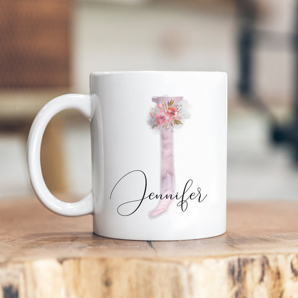 Watercolour Floral Initial With Name, Whimsical Boho Style, Cute Birthday Gift for Her, Personalised Mug