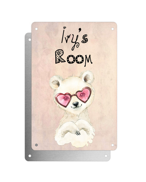 Cute Animal Personalised Name Plaque – Baby Polar Bear With Heart Sunglasses | Vintage-Style Aluminium Sign for Kids’ Room
