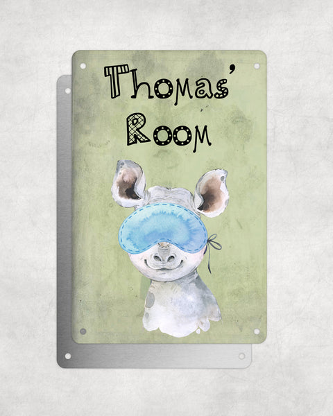 Cute Animal Personalised Name Plaque – Baby Rhino With Sleep Mask | Vintage-Style Green Aluminium Sign for Kids’ Room