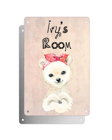 Cute Animal Personalised Name Plaque – Baby Polar Bear With Head Tie | Vintage-Style Aluminium Sign for Kids’ Room