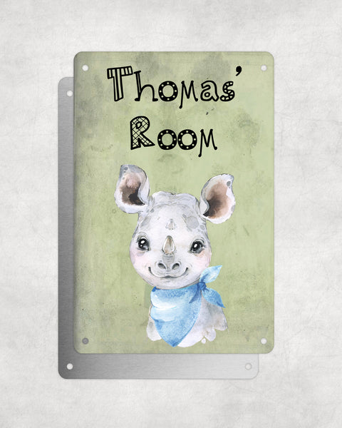 Cute Animal Personalised Name Plaque – Baby Rhino With Blue Neck Tie | Vintage-Style Green Aluminium Sign for Kids’ Room