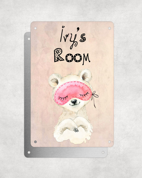 Cute Animal Personalised Name Plaque – Baby Polar Bear With Sleep Mask | Vintage-Style Aluminium Sign for Kids’ Room