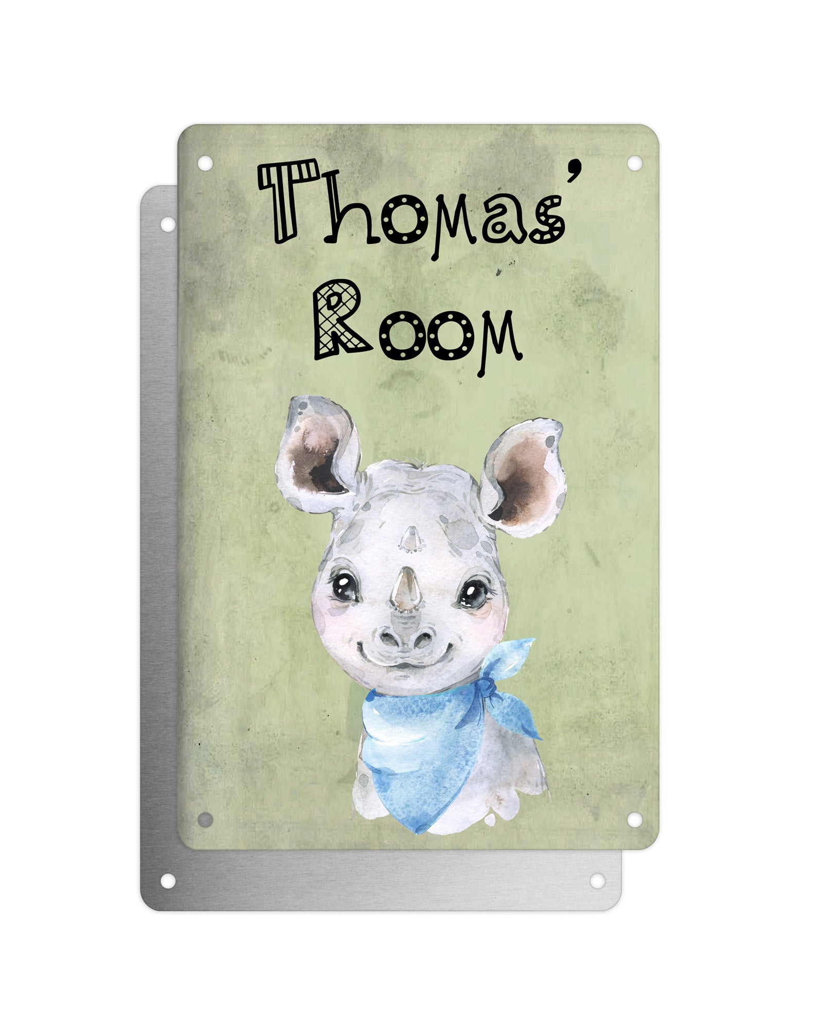 Cute Animal Personalised Name Plaque – Baby Rhino With Blue Neck Tie | Vintage-Style Green Aluminium Sign for Kids’ Room