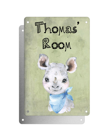Cute Animal Personalised Name Plaque – Baby Rhino With Blue Neck Tie | Vintage-Style Green Aluminium Sign for Kids’ Room