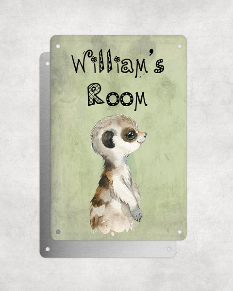 Cute Animal Personalised Name Plaque – Baby Meerkat Sideview | Vintage-Style Green Aluminium Sign for Kids’ Room