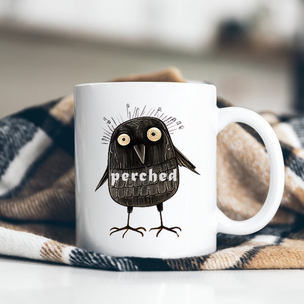Perched, Funny Birthday Gift with Crow Design, Personalised Mug