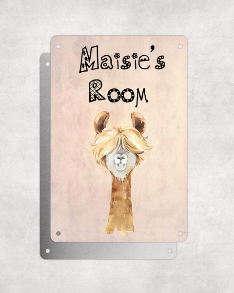 Cute Animal Personalised Name Plaque – Funny Llama Long Hair | Vintage-Style Aluminium Sign for Kids’ Room