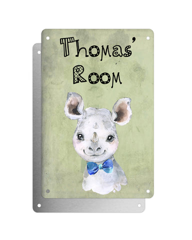 Cute Animal Personalised Name Plaque – Baby Rhino With Blue Bow Tie | Vintage-Style Green Aluminium Sign for Kids’ Room