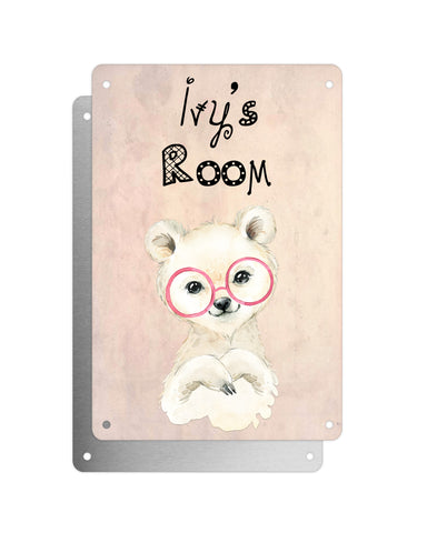 Cute Animal Personalised Name Plaque – Baby Polar Bear With Pink Glasses | Vintage-Style Aluminium Sign for Kids’ Room