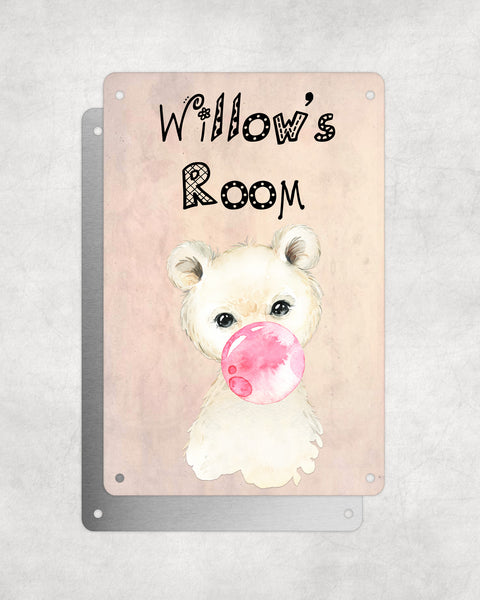 Cute Animal Personalised Name Plaque – Little Polar Bear With Bubblegum | Vintage-Style Aluminium Sign for Kids’ Room