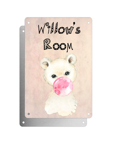 Cute Animal Personalised Name Plaque – Little Polar Bear With Bubblegum | Vintage-Style Aluminium Sign for Kids’ Room