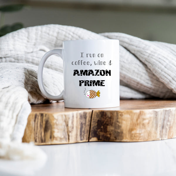 I Run On Coffee Wine and Amazon Prime, Funny Office Gift, Personalised Mug