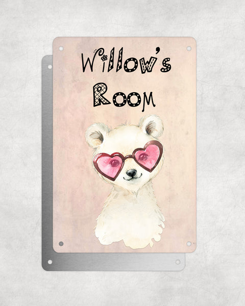 Cute Animal Personalised Name Plaque – Little Polar Bear With Heart Sunglasses | Vintage-Style Aluminium Sign for Kids’ Room