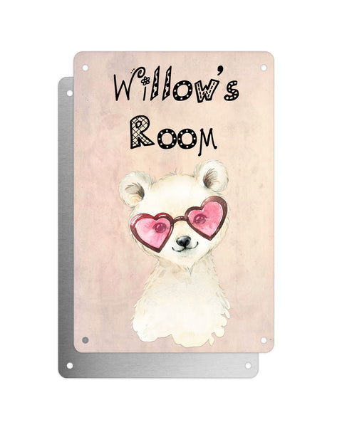 Cute Animal Personalised Name Plaque – Little Polar Bear With Heart Sunglasses | Vintage-Style Aluminium Sign for Kids’ Room