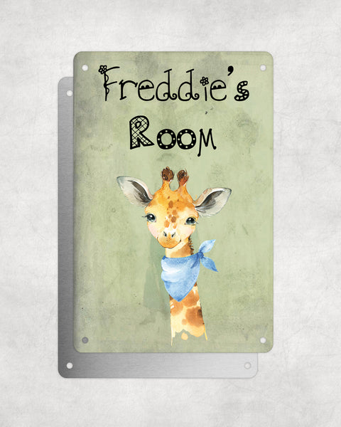 Cute Animal Personalised Name Plaque – Baby Giraffe With Blue Neck Tie | Vintage-Style Green Aluminium Sign for Kids’ Room