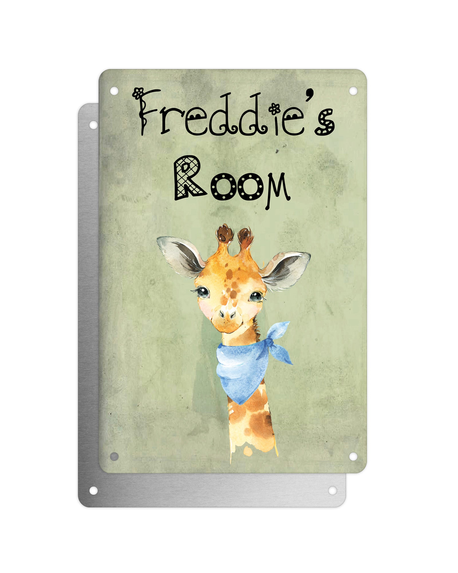 Cute Animal Personalised Name Plaque – Baby Giraffe With Blue Neck Tie | Vintage-Style Green Aluminium Sign for Kids’ Room