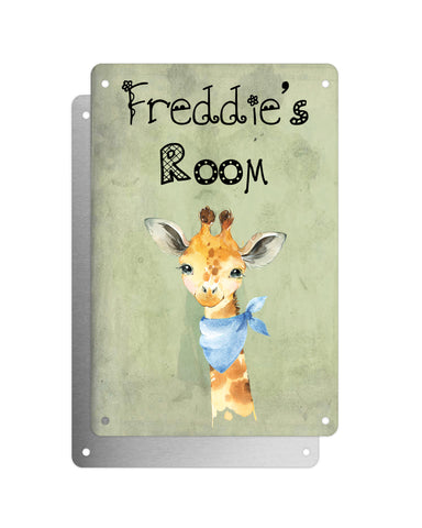 Cute Animal Personalised Name Plaque – Baby Giraffe With Blue Neck Tie | Vintage-Style Green Aluminium Sign for Kids’ Room