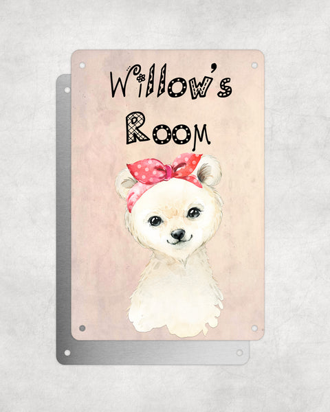 Cute Animal Personalised Name Plaque – Little Polar Bear With Head Tie | Vintage-Style Aluminium Sign for Kids’ Room