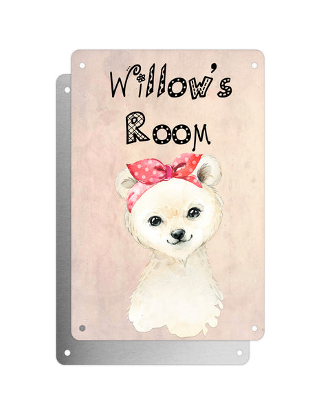 Cute Animal Personalised Name Plaque – Little Polar Bear With Head Tie | Vintage-Style Aluminium Sign for Kids’ Room