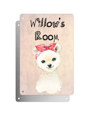Cute Animal Personalised Name Plaque – Little Polar Bear With Head Tie | Vintage-Style Aluminium Sign for Kids’ Room