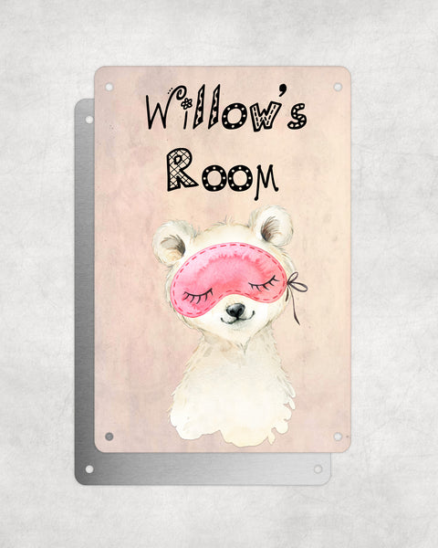 Cute Animal Personalised Name Plaque – Little Polar Bear With Sleep Mask | Vintage-Style Aluminium Sign for Kids’ Room
