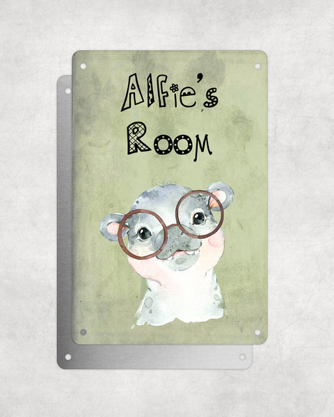 Cute Animal Personalised Name Plaque – Baby Hippo With Brown Glasses | Vintage-Style Green Aluminium Sign for Kids’ Room