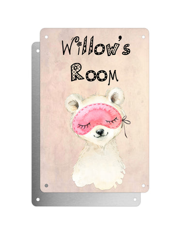 Cute Animal Personalised Name Plaque – Little Polar Bear With Sleep Mask | Vintage-Style Aluminium Sign for Kids’ Room