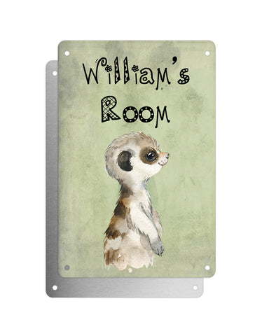 Cute Animal Personalised Name Plaque – Baby Meerkat Sideview | Vintage-Style Green Aluminium Sign for Kids’ Room
