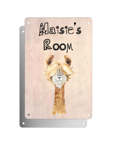 Cute Animal Personalised Name Plaque – Funny Llama Long Hair | Vintage-Style Aluminium Sign for Kids’ Room