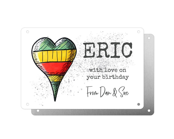 Personalised Graveside Plaque, Aluminium Bereavement Sheet, Metal Sign, Green Yellow and Red Heart, Remembrance Gift