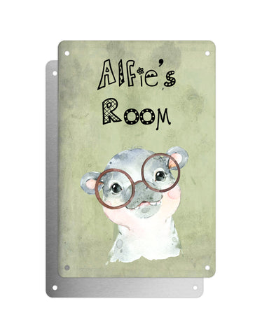 Cute Animal Personalised Name Plaque – Baby Hippo With Brown Glasses | Vintage-Style Green Aluminium Sign for Kids’ Room