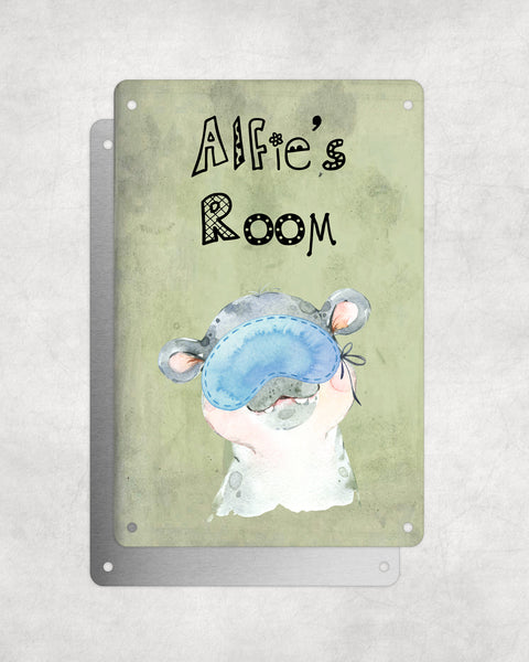 Cute Animal Personalised Name Plaque – Baby Hippo With Sleep Mask | Vintage-Style Green Aluminium Sign for Kids’ Room