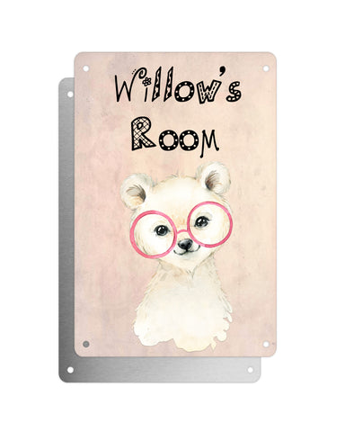 Cute Animal Personalised Name Plaque – Little Polar Bear With Pink Glasses | Vintage-Style Aluminium Sign for Kids’ Room