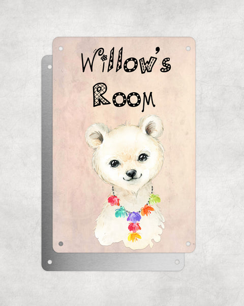 Cute Animal Personalised Name Plaque – Little Polar Bear With Hawaiian Lei | Vintage-Style Aluminium Sign for Kids’ Room