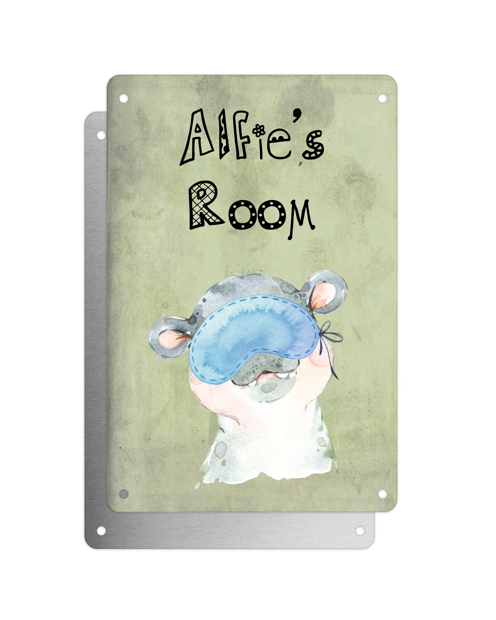 Cute Animal Personalised Name Plaque – Baby Hippo With Sleep Mask | Vintage-Style Green Aluminium Sign for Kids’ Room