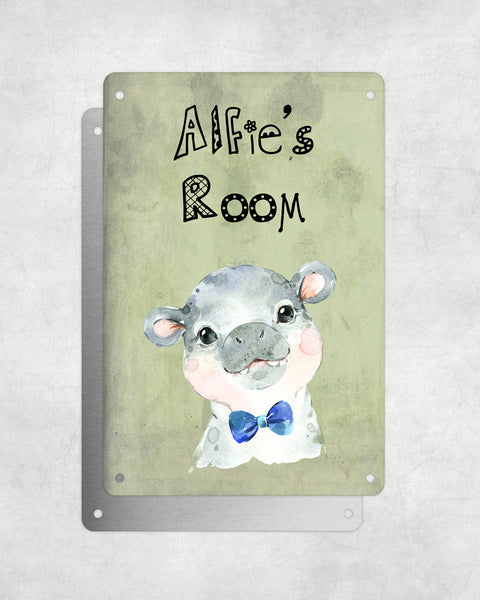 Cute Animal Personalised Name Plaque – Baby Hippo With Blue Bow Tie | Vintage-Style Green Aluminium Sign for Kids’ Room