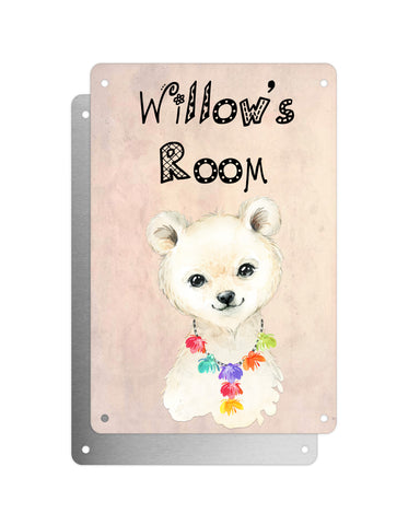 Cute Animal Personalised Name Plaque – Little Polar Bear With Hawaiian Lei | Vintage-Style Aluminium Sign for Kids’ Room