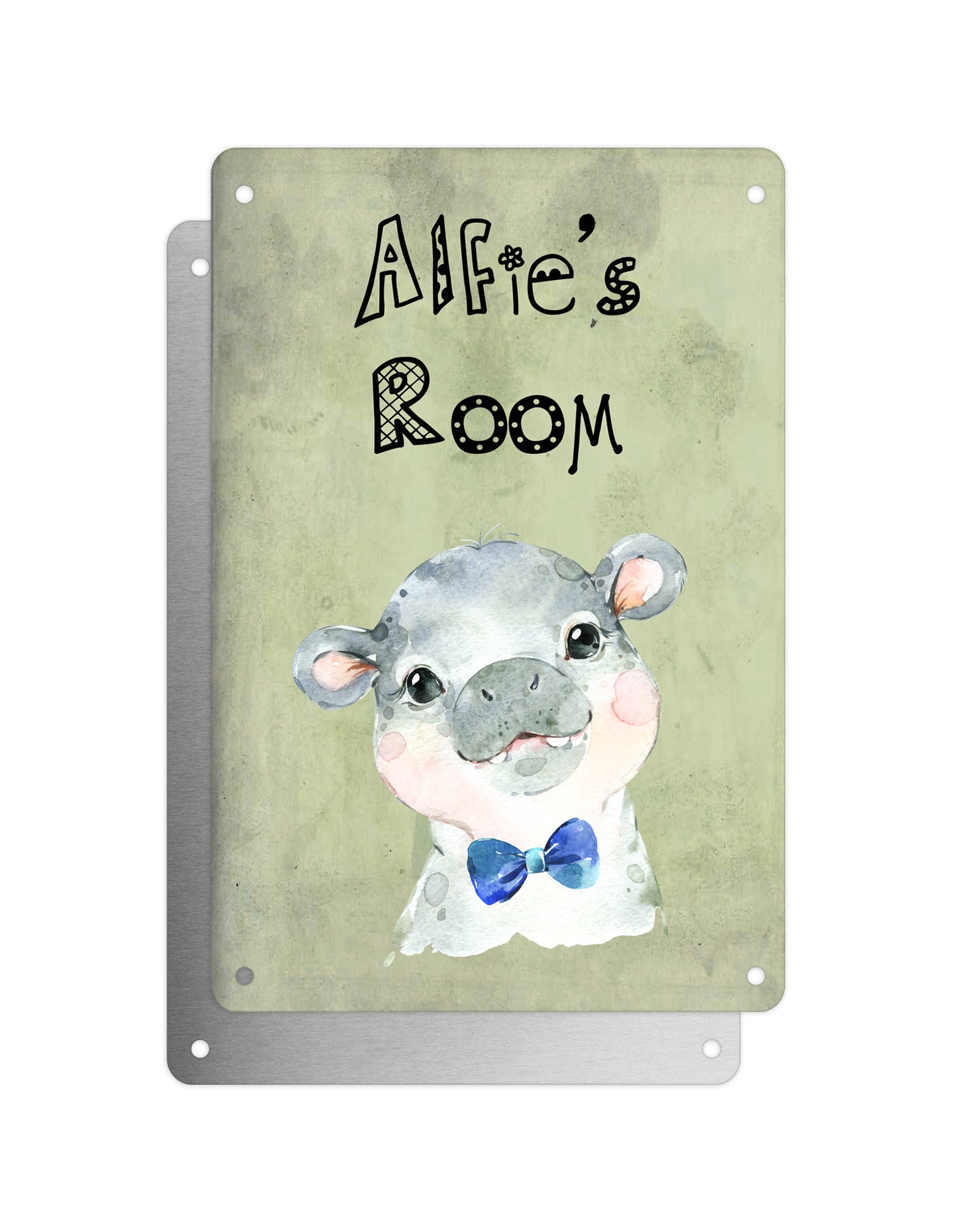 Cute Animal Personalised Name Plaque – Baby Hippo With Blue Bow Tie | Vintage-Style Green Aluminium Sign for Kids’ Room