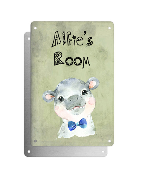 Cute Animal Personalised Name Plaque – Baby Hippo With Blue Bow Tie | Vintage-Style Green Aluminium Sign for Kids’ Room
