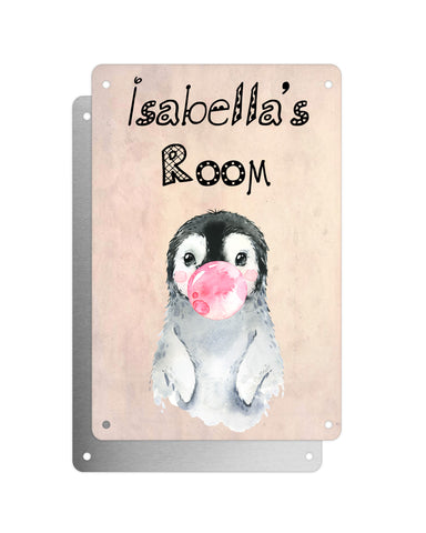 Cute Animal Personalised Name Plaque – Baby Penguin With Bubblegum | Vintage-Style Aluminium Sign for Kids’ Room