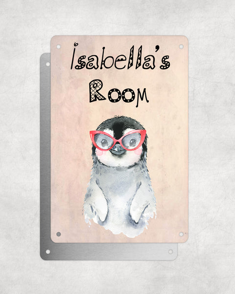 Cute Animal Personalised Name Plaque – Baby Penguin With Red Glasses | Vintage-Style Aluminium Sign for Kids’ Room