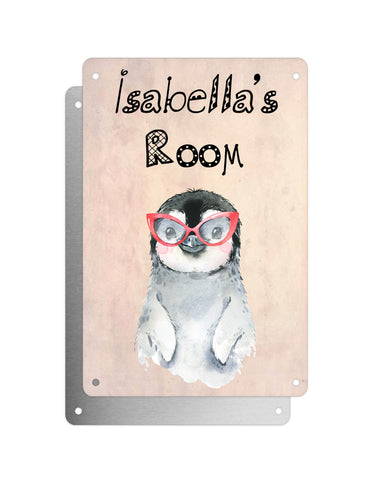 Cute Animal Personalised Name Plaque – Baby Penguin With Red Glasses | Vintage-Style Aluminium Sign for Kids’ Room