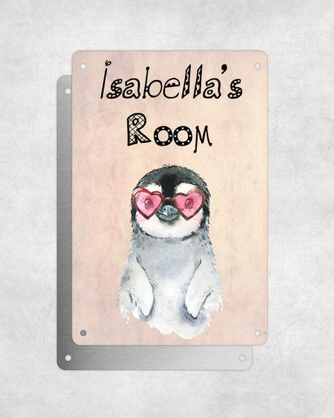 Cute Animal Personalised Name Plaque – Baby Penguin With Heart Sunglasses | Vintage-Style Aluminium Sign for Kids’ Room