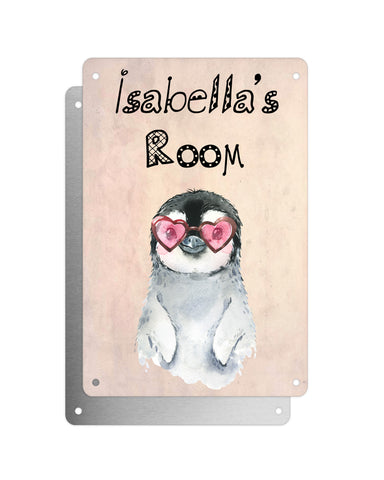 Cute Animal Personalised Name Plaque – Baby Penguin With Heart Sunglasses | Vintage-Style Aluminium Sign for Kids’ Room