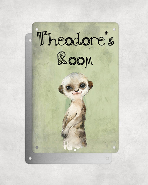Cute Animal Personalised Name Plaque – Baby Meerkat | Vintage-Style Green Aluminium Sign for Kids’ Room