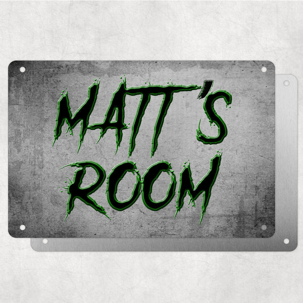 Boys Personalised Bedroom Name Plaque – Aluminium Metal Sign | Black & Green Slash Font | Gift for Him