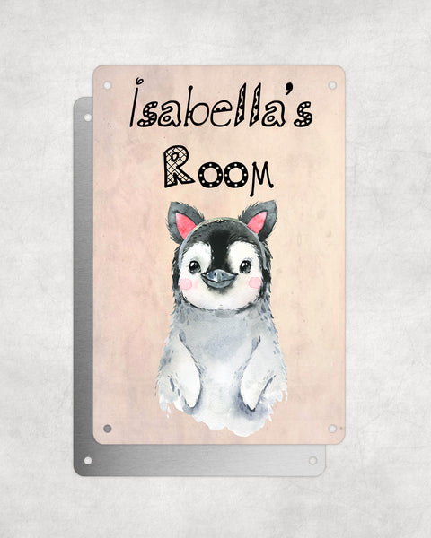 Cute Animal Personalised Name Plaque – Baby Penguin With Cat Ears | Vintage-Style Aluminium Sign for Kids’ Room